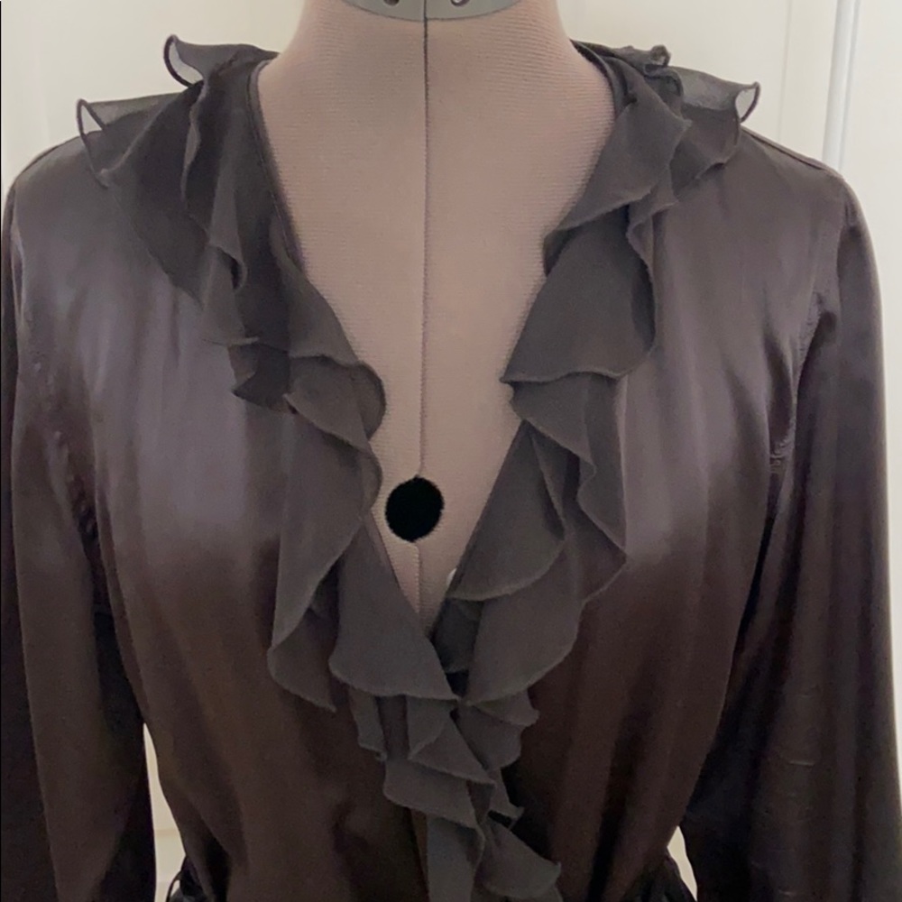 Black Palmers Ruffle Silk Satin Robe - Picture 2 of 7
